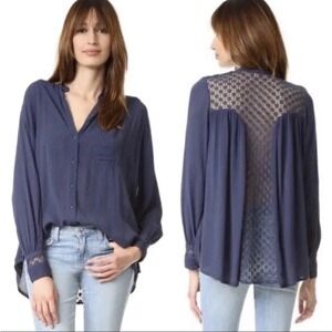 Free People Navy Blue Long Sleeve Button‎ Down Lace Back Blouse Top